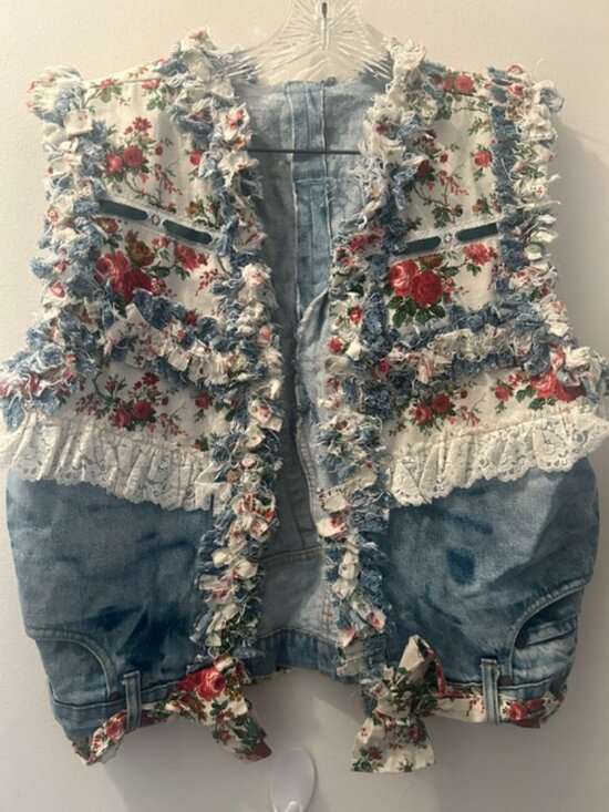 One of a Kind Upcycled Handcrafted Tops - One of a Kind Upcycled Handcrafted Floral Lace Ribbon Distressed Denim Vest